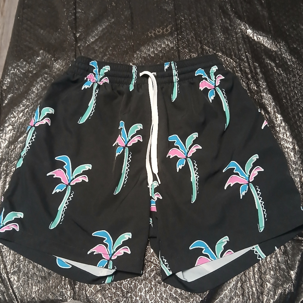 chubbies Black Swim Shorts with Teal & Pink Palm Print